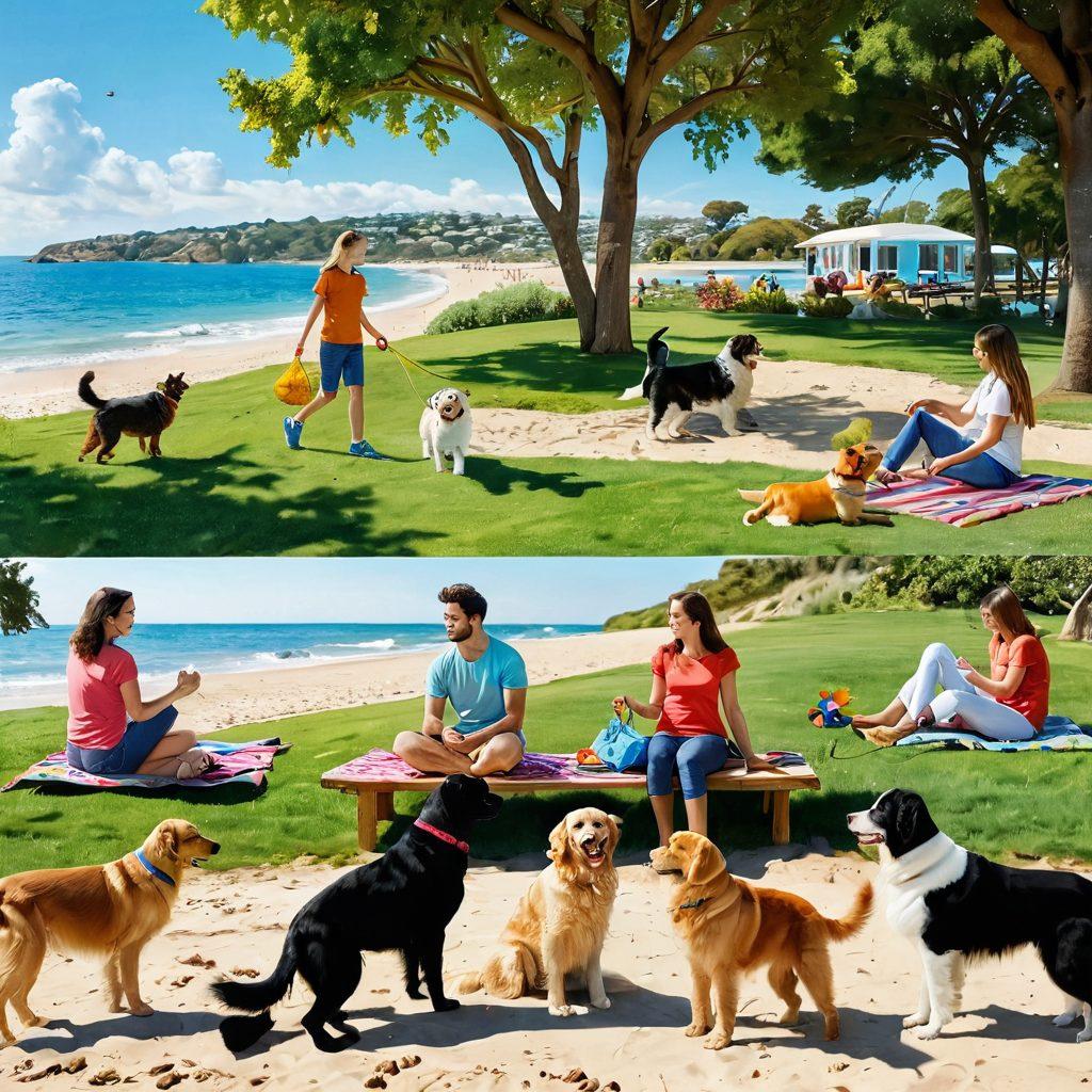 A vibrant collage of diverse animal lovers engaging in fun activities with their pets, showcasing dog walking in a picturesque park, a cat playing with yarn in a sunny room, and a family at the beach with their playful retriever. The scene is filled with joyful expressions, colorful landscapes, and playful interactions, creating a sense of adventure and bond between humans and animals. super-realistic. vibrant colors. outdoor setting.