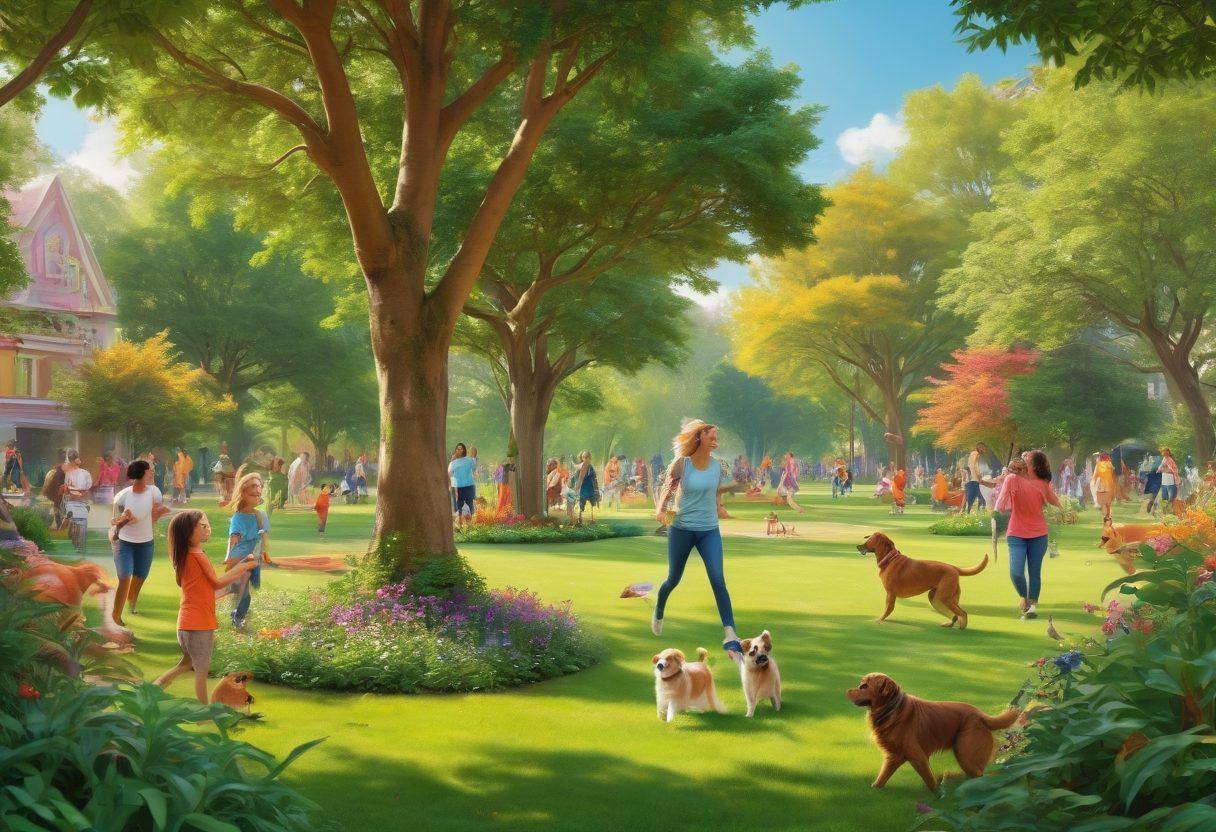 A joyful scene of diverse pet lovers engaging with their lively animals in a vibrant park, featuring dogs running, cats climbing trees, and children playing with their pets, showcasing a sense of adventure and companionship. Bright colors, lush greenery, and happy faces create an inviting atmosphere. super-realistic. vibrant colors. soft background.