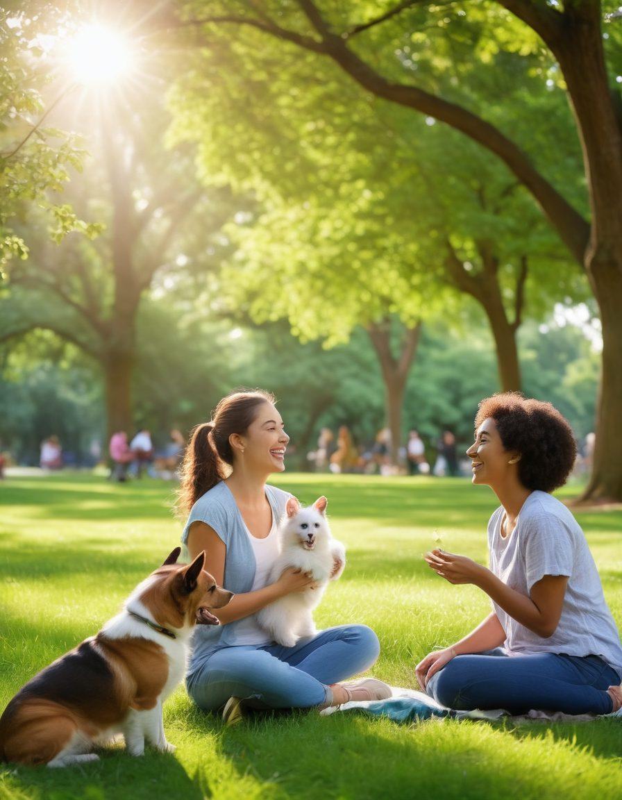 A heartwarming scene showing diverse people laughing and playing with their pets in a lush green park, emphasizing joy and connection. Soft sunlight filters through the trees, creating a warm atmosphere. Include various pets like dogs, cats, and rabbits joyfully interacting with their owners. Capture the essence of fun and wellness through vibrant expressions and playful poses. super-realistic. vibrant colors. natural setting.